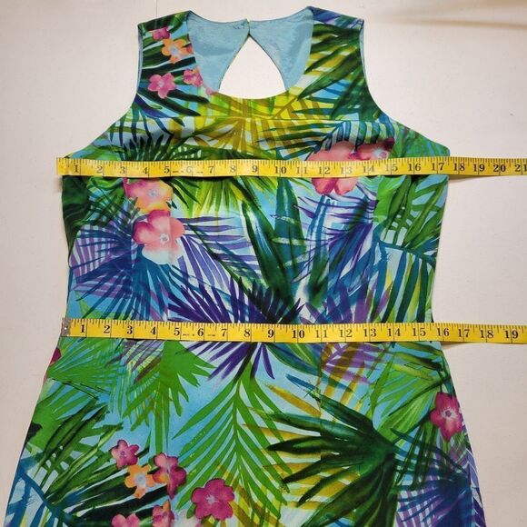 Maggy London Silk Blue Green Tropical Print Sleeveless Midi Sheath Dress Y2K - Picture 9 of 10
